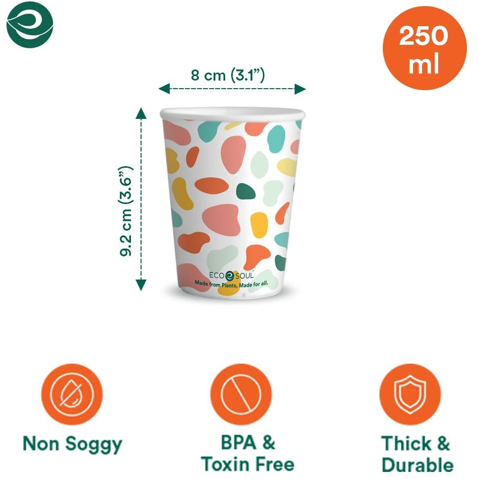 Eco Soul [250 Ml, 50 Count] Disposable Multi-Colour Paper Cups| Plastic-Free Aqueous Coated | Eco-Friendly & Biodegradable Cups | Use & Throw Party Glasses | Ideal For Tea, Coffee & Water | 250 Gsm