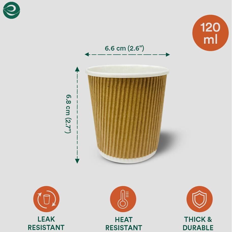 Eco Soul [120 Ml, 200 Count Disposable Ripple Paper Cups | Plastic-Free Aqueous Coated | Eco-Friendly & Biodegradablehot Cups | Use & Throw Party Glasses | Ideal For Tea & Coffee | 420 Gsm