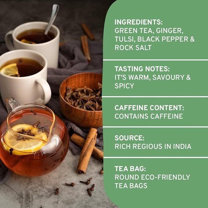 Handpick, Vedic Detox Kahwa Green Tea - 100 Tea Bags | Improves Digestion & Aids In Detoxification | Blend Of 10 Real Ayurvedic Herbs - Tulsi, Ginger, Black Pepper, Clove, Nutmeg & Rock Salt