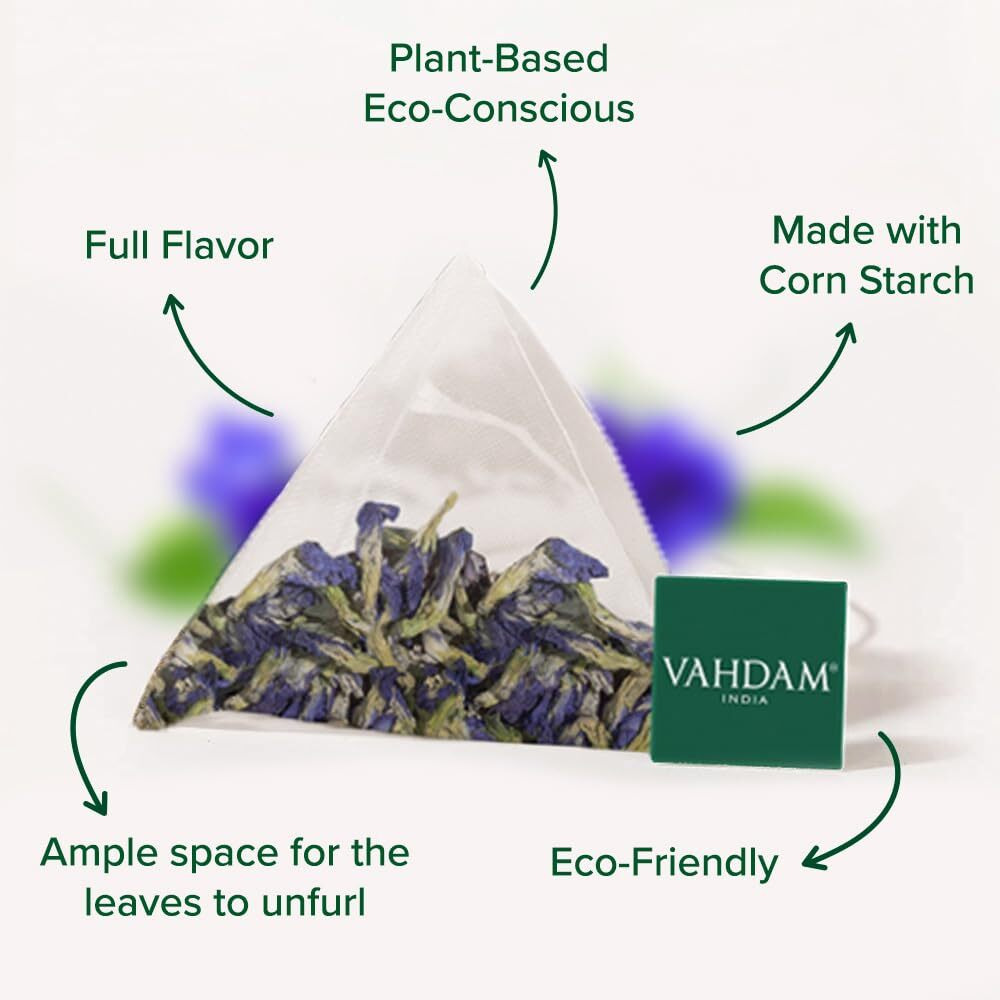 Vahdam, Butterfly Pea Flower Bags (40 Count - Plant Based Biodegradable Pyramid Tea Bags) Premium, Delicate & Earthy Herbal Tea | Vacuum Sealed After Harvest