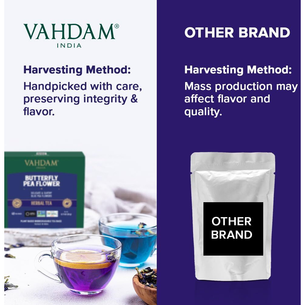 Vahdam, Butterfly Pea Flower Bags (40 Count - Plant Based Biodegradable Pyramid Tea Bags) Premium, Delicate & Earthy Herbal Tea | Vacuum Sealed After Harvest