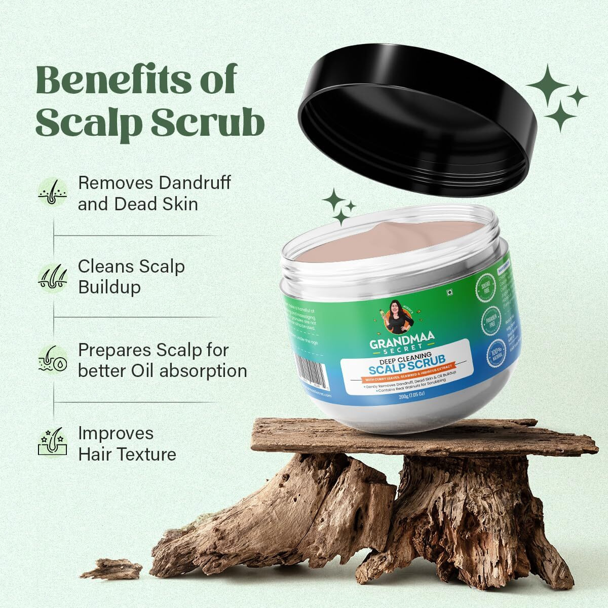 NidhiS Grandmaa Secret Scalp Scrub For Dandruff | Reduces Buildup, Dead Skin & Itchiness | Handmade Curry Leaves & Seaweed Walnut Scrub | Scalp Scrub For Dry Scalp And Oily Buildup | 200Gm