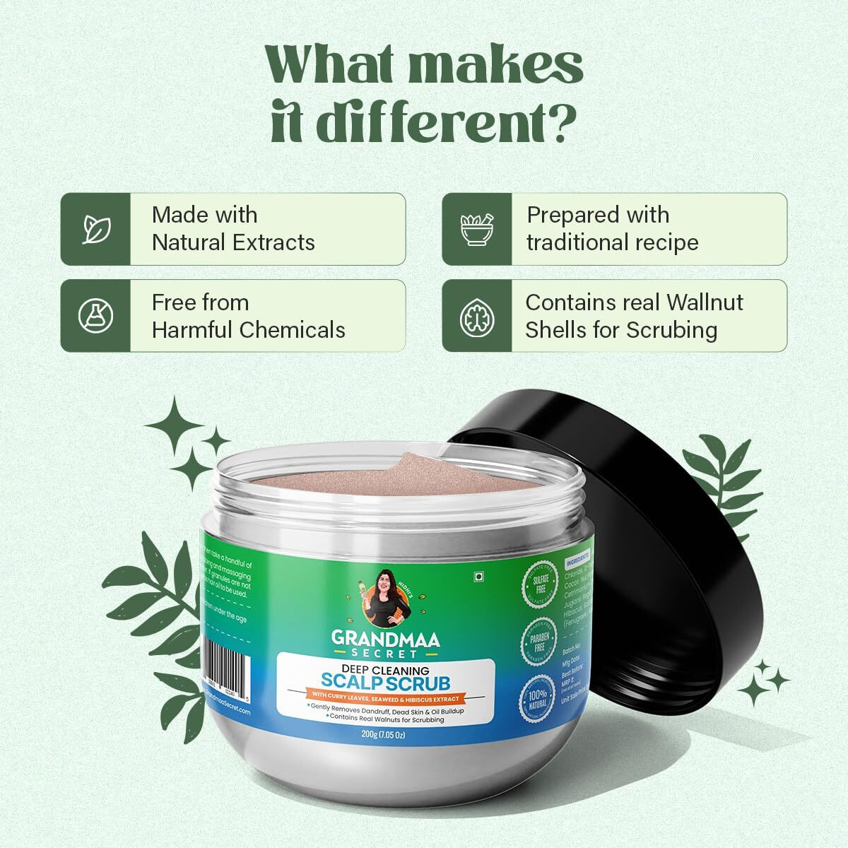 NidhiS Grandmaa Secret Scalp Scrub For Dandruff | Reduces Buildup, Dead Skin & Itchiness | Handmade Curry Leaves & Seaweed Walnut Scrub | Scalp Scrub For Dry Scalp And Oily Buildup | 200Gm