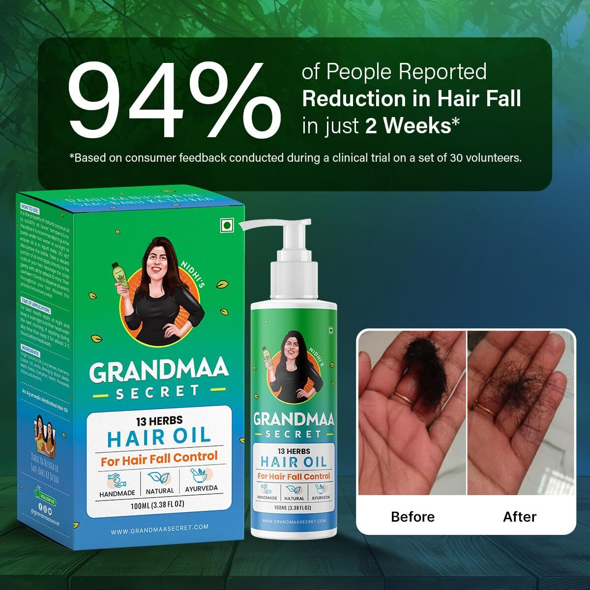 Nidhi's Grandmaa Secret 13 Herbs Hair Oil For Men & Women | Promotes Hair Growth & Reduces Hair Fall | Handmade Natural Hair Oil With Curry Leaves | Hair Fall Control Oil For Dry Damaged Hair | 200 Ml