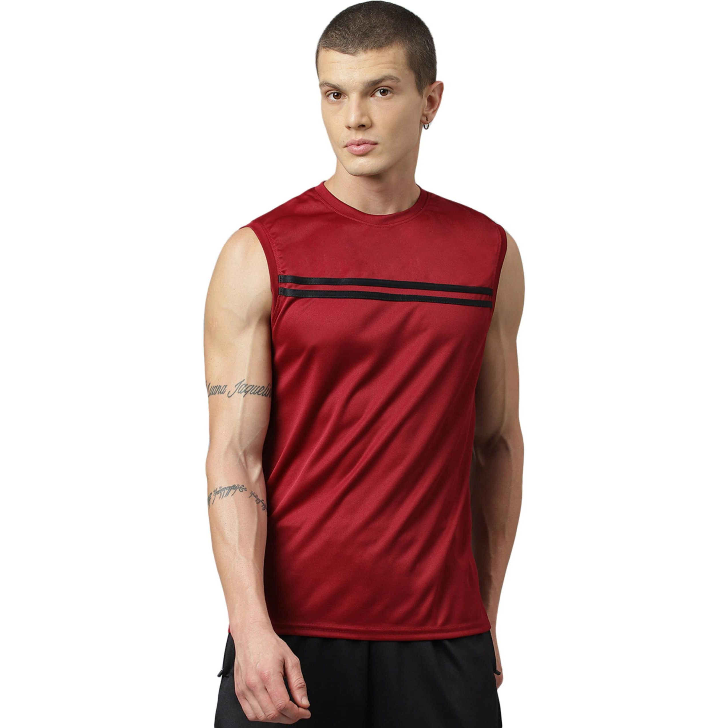Aticx Men's Slim Fit Polyester Sleeveless T Shirt - Sando Top Tank Muscle Tee For Sports, Gym, Running (Marvellous Wine Black_Xl)