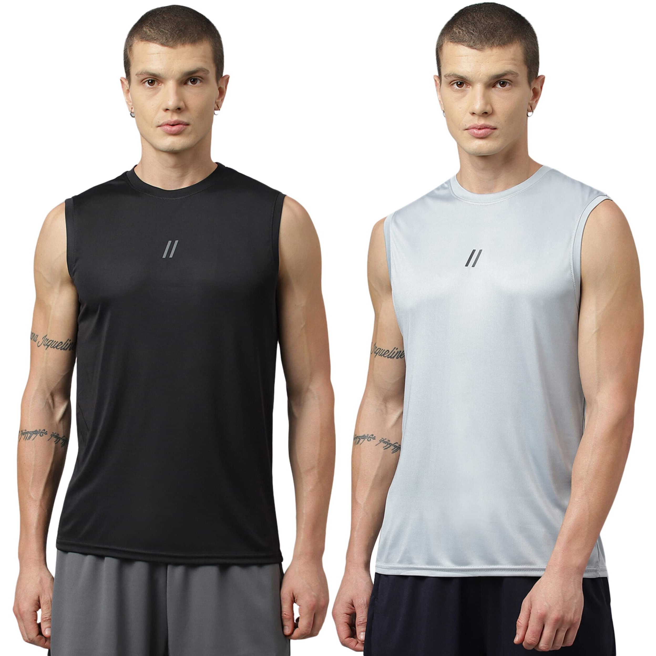 Aticx MenS Slim Fit Polyester Sleeveless T Shirt Combo - Sando Top Tank Muscle Tee For Sports, Gym, Running (Pack Of 2_Black & Grey_Xl)