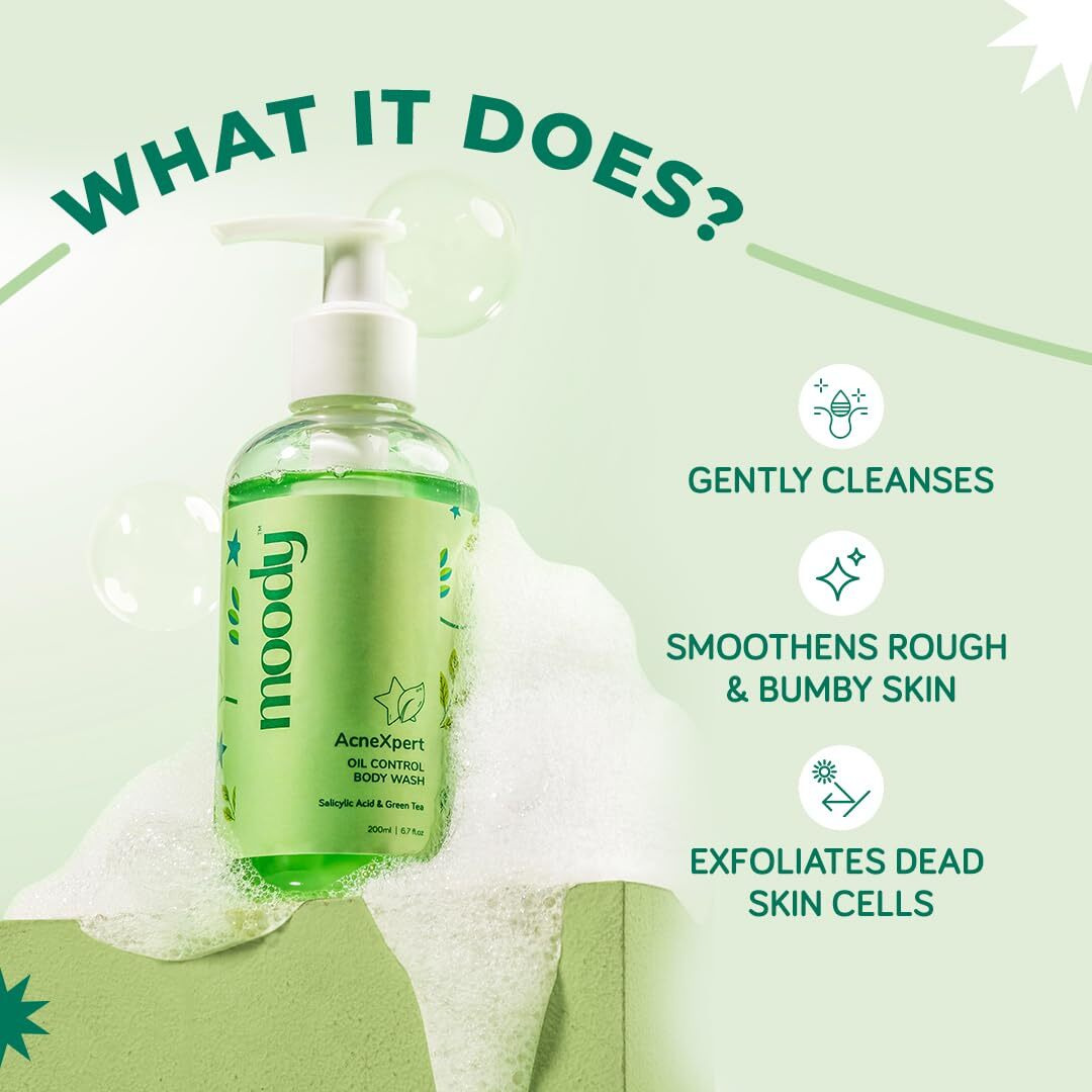 Moody Acnexpert 2% Salicylic Acid%, 5% Niacinamide & Green Tea Body Wash | Prevents Body Acne & Deeply Cleanses Skin | Paraben & Sulphate Free | Suitable For All Skin Types | Body Shower Gel 200Ml