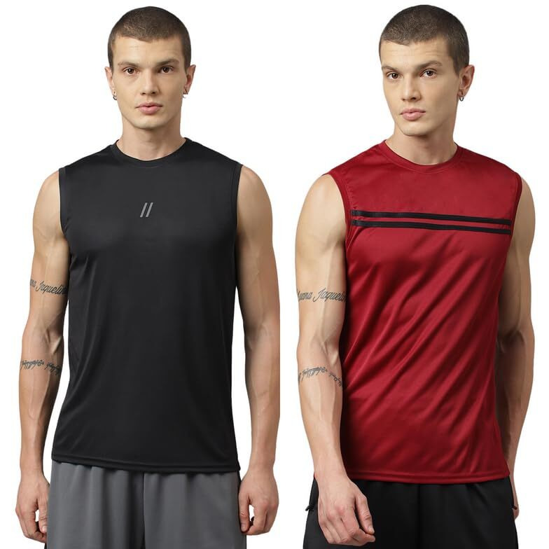 Aticx MenS Slim Fit Polyester Sleeveless T Shirt Combo - Sando Top Tank Muscle Tee For Sports, Gym, Running (Pack Of 2_Black & Marvellous_Xl)
