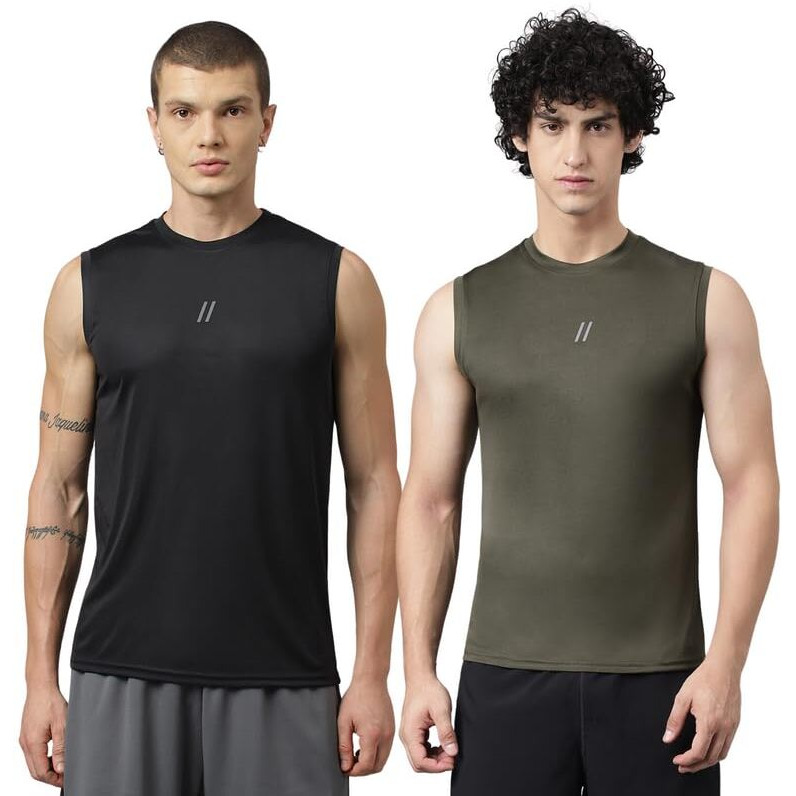 Aticx MenS Slim Fit Polyester Sleeveless T Shirt Combo - Sando Top Tank Muscle Tee For Sports, Gym, Running (Pack Of 2_Black & Olive_Xl)