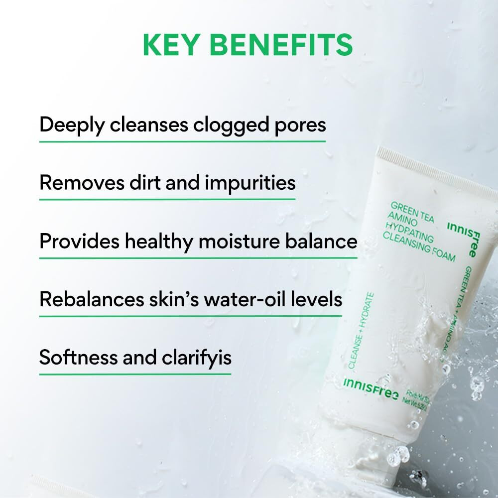 Innisfree Green Tea Hydrating Amino Acid Foam Cleanser 150Grams For Daily Cleansing, All Skin Types, Korean Face Wash