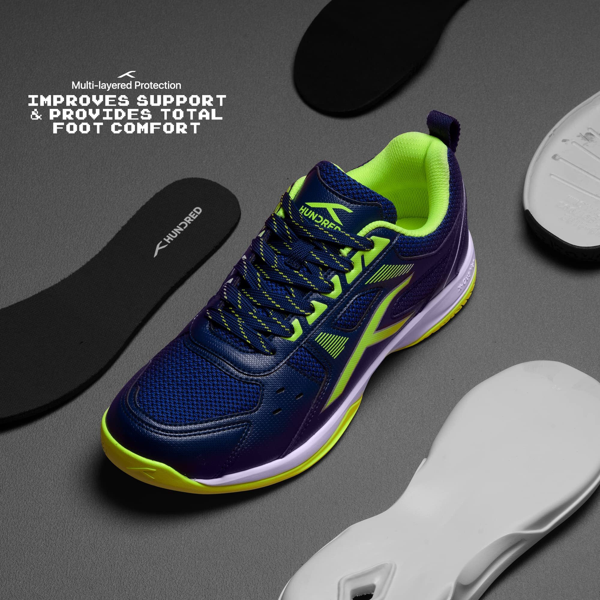 Hundred Raze Badminton Shoes(Non Marking)|Also Perfect For Squash,Table Tennis,Volleyball,Basketball&Indoor Sports|Lightweight&Durable|X-Cushion,Active Grip Sole,Toe Assist(NavyLime,9Uk)Unisex-Adult