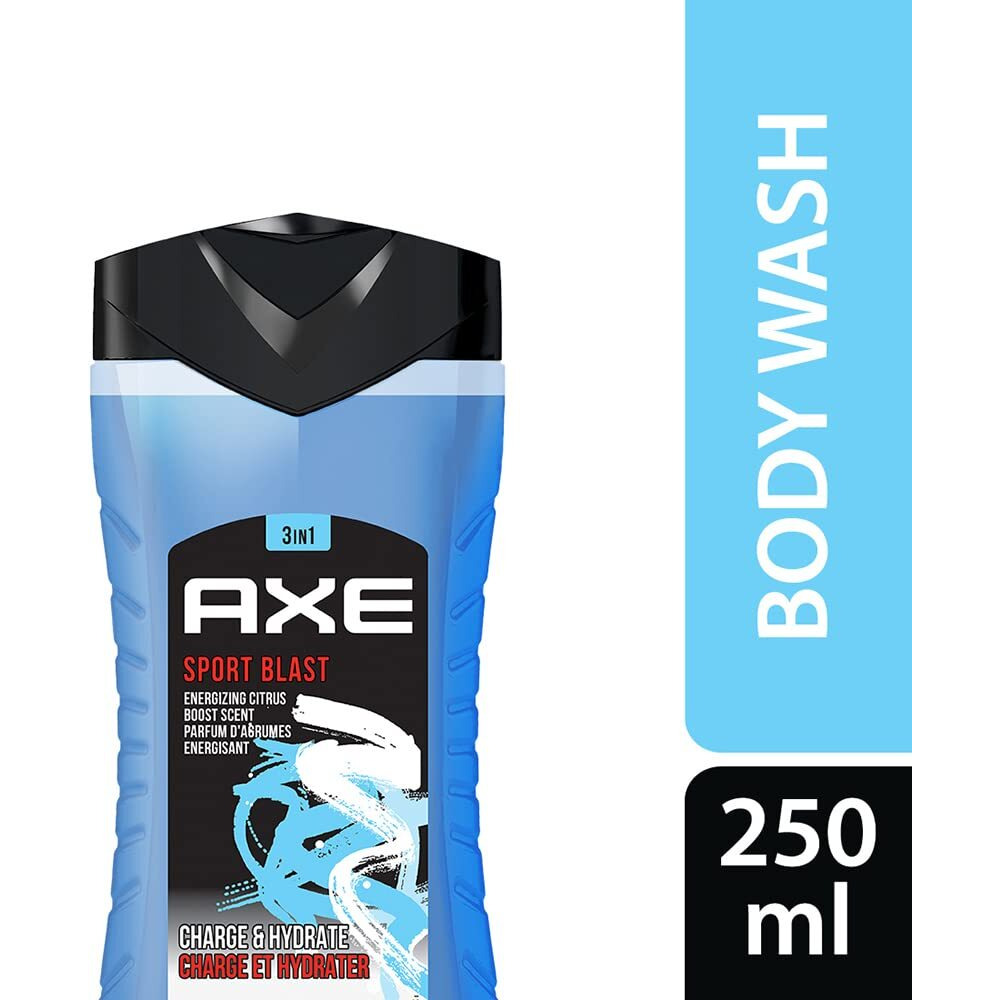 Axe Sports Blast 3 In 1 Body, Face & Hair Wash For Men, Long-Lasting Refreshing & Energizing Citrus Fragrance For Up To 12Hrs, Removes Odor & Bacteria, No Parabens, Dermatologically Tested, 250Ml