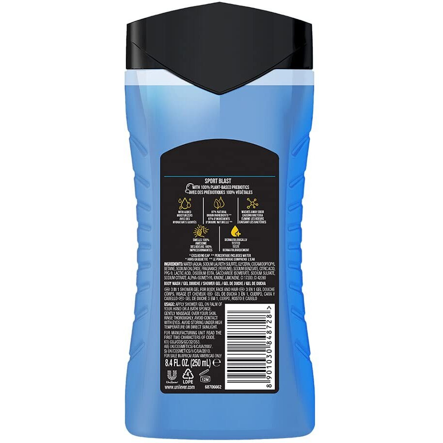 Axe Sports Blast 3 In 1 Body, Face & Hair Wash For Men, Long-Lasting Refreshing & Energizing Citrus Fragrance For Up To 12Hrs, Removes Odor & Bacteria, No Parabens, Dermatologically Tested, 250Ml