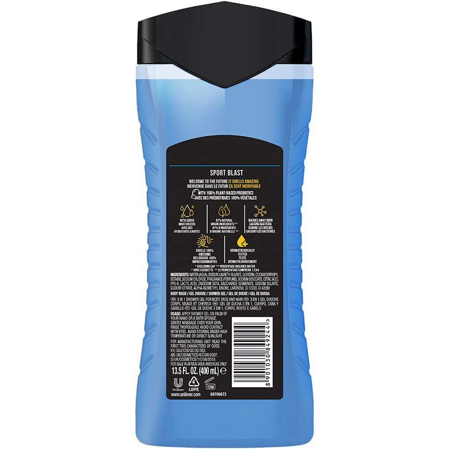Axe Sports Blast 3 In 1 Body, Face & Hair Wash For Men, Long-Lasting Refreshing & Energizing Citrus Fragrance For Up To 12Hrs Removes Odor & Bacteria, No Parabens, Dermatologically Tested, 400Ml