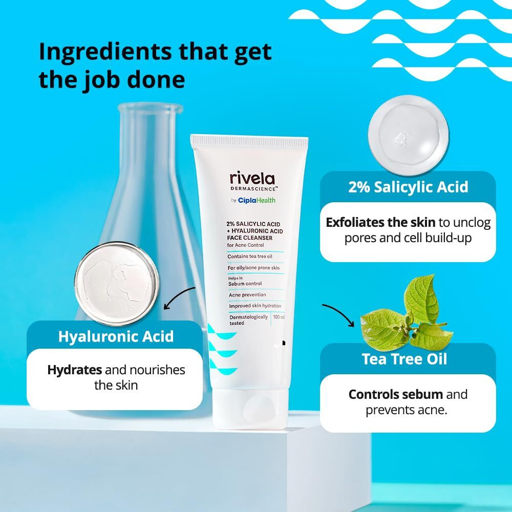 Rivela Dermascience Acne Control Face Wash By Cipla | For Oily Skin | With 2% Salicylic Acid | Contains Tea Tree Oil | Improves Skin Hydration | Controls Sebum | 100 Ml