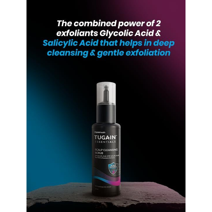 Tugain Essentials Scalp Cleansing Scrub From Cipla | 2% Glycolic Acid, 0.5% Salicylic Acid, Tea Tree Extract & Rosemary Extract I Controls Sebum Production | Exfoliates Scalp| Promotes Healthy Scalp And Unclogs Pores | Sulphate & Paraben Free| For All Hair Types | 60 Ml