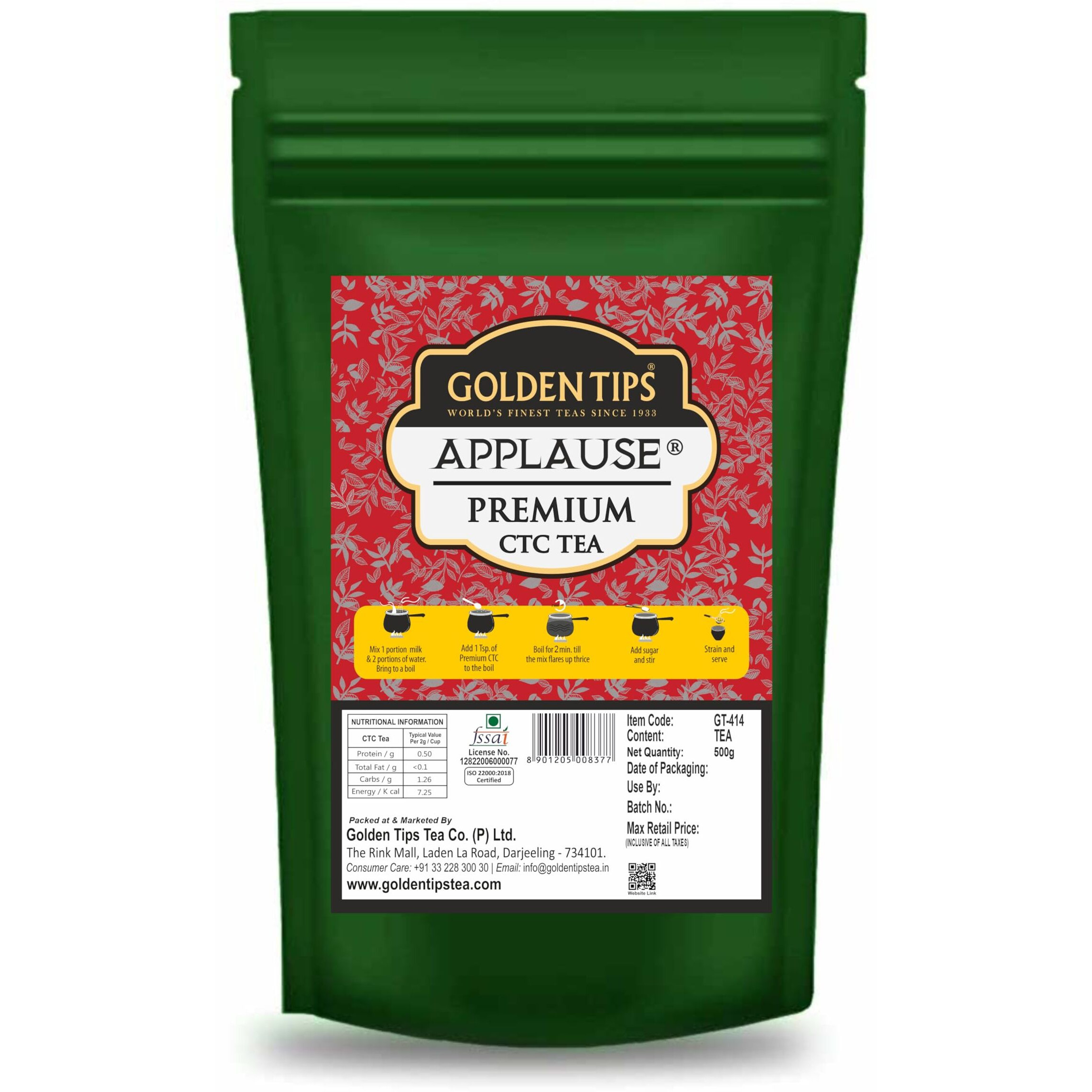 Golden Tips Applause Premium Assam Ctc Tea, Strong & Aromatic Chai Patti, 100% Natural Loose Tea Leaves, 500G