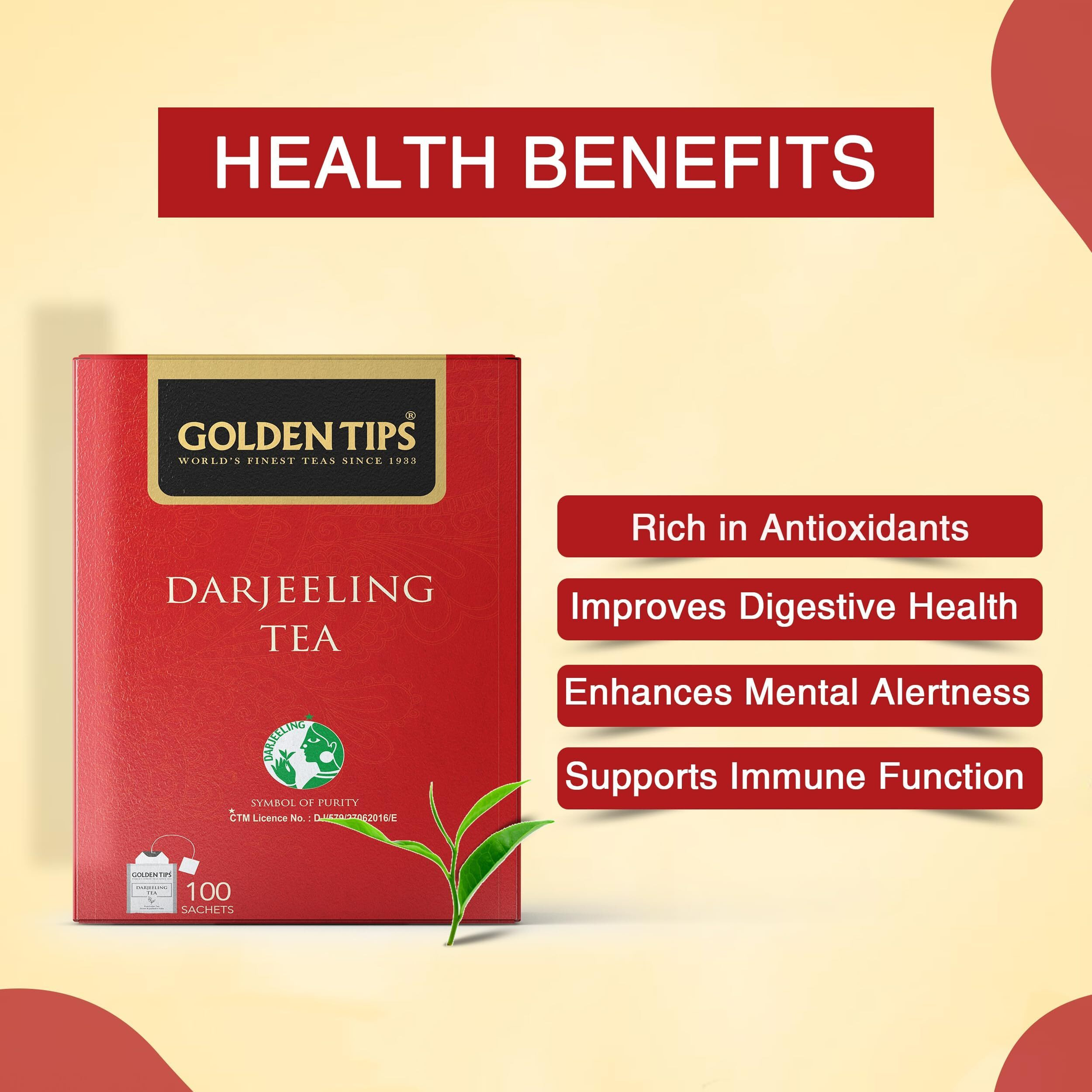 Golden Tips Pure Darjeeling Black Tea Bags (100 Bags, 200 Gram)