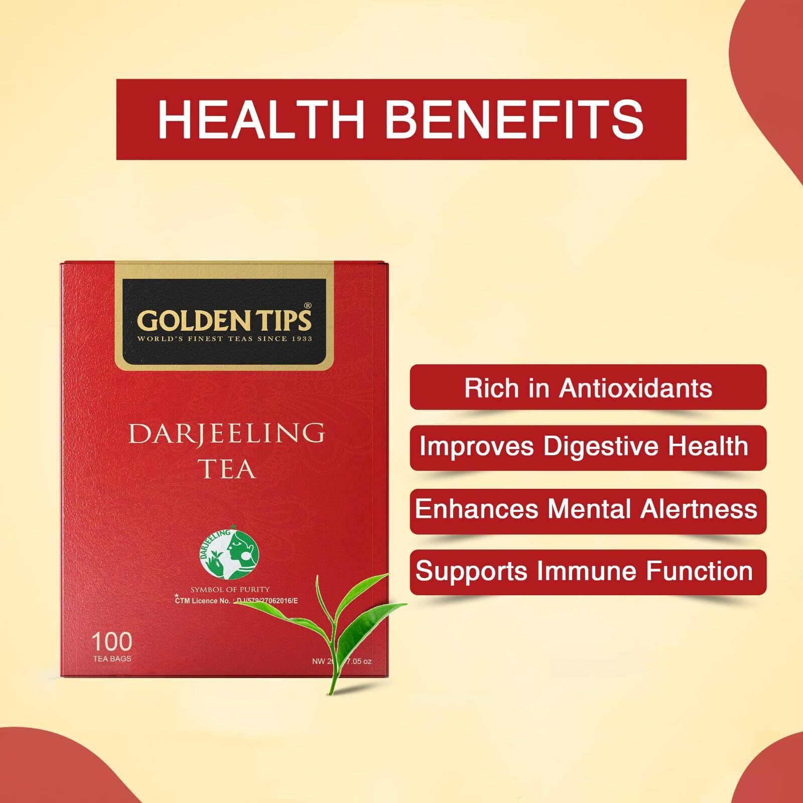 Golden Tips 100% Pure And Authentic Darjeeling Black Tea, Single Estate Premium Teabags, Rich Aroma & Delicate Flavor, (200 Gram, 100 Cups)