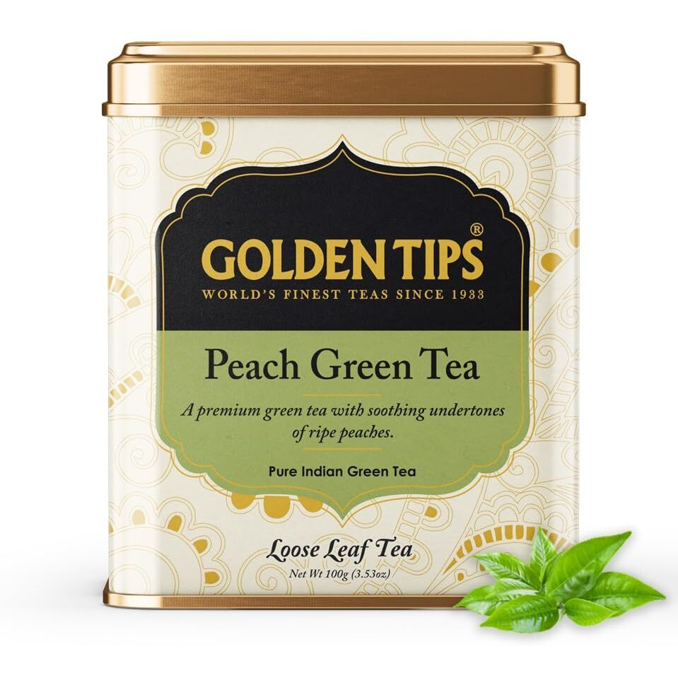 Golden Tips Premium Green Tea With Ripe Peach Flavor, Refreshing Antioxidant-Rich Loose Leaf Tea Tin Can, Aromatic & Fruity With Mild Color, Soothing Aftertaste (100 Gram, 50 Cups)