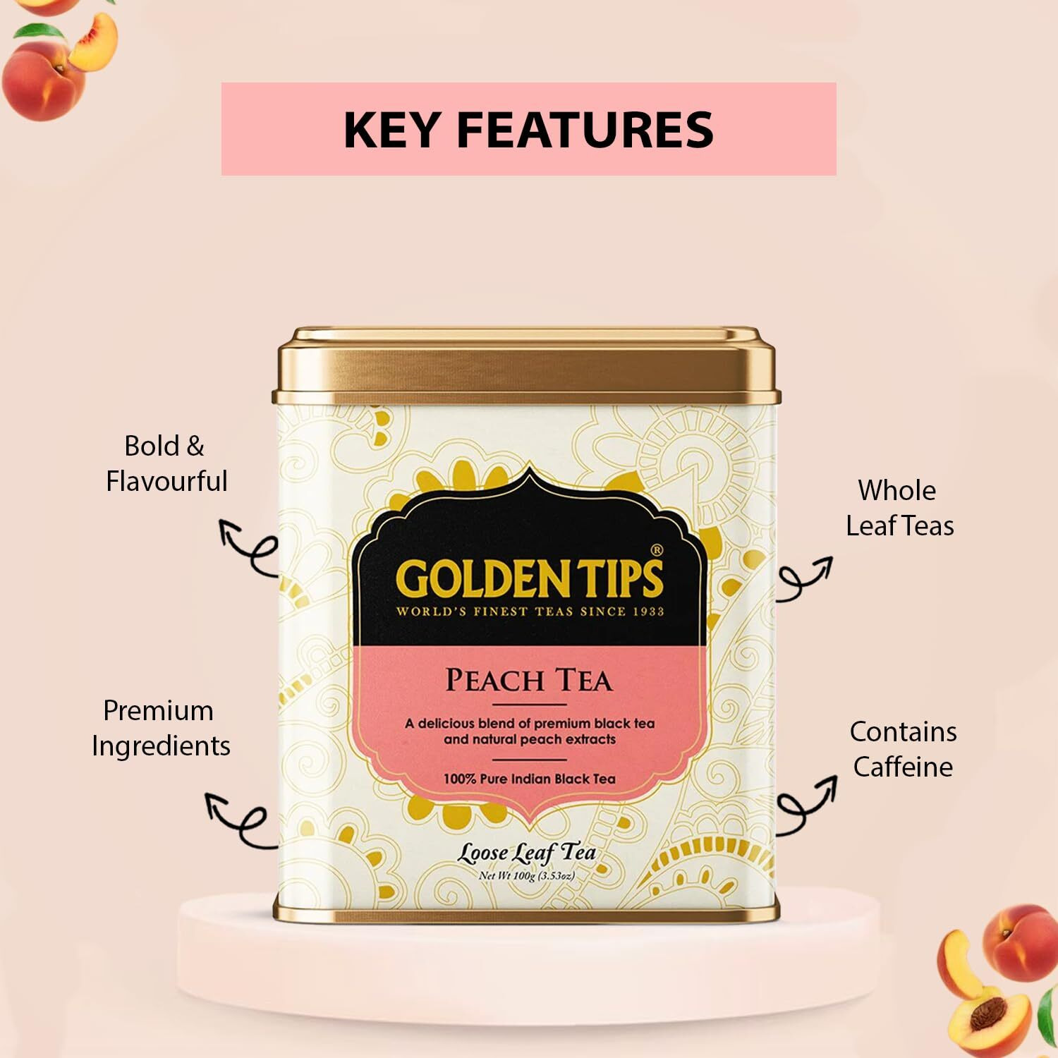 Golden Tips Peach Flavor Black Tea Loose-Leaf Healthy And Natural Tea (100 Gram, 50 Cups)