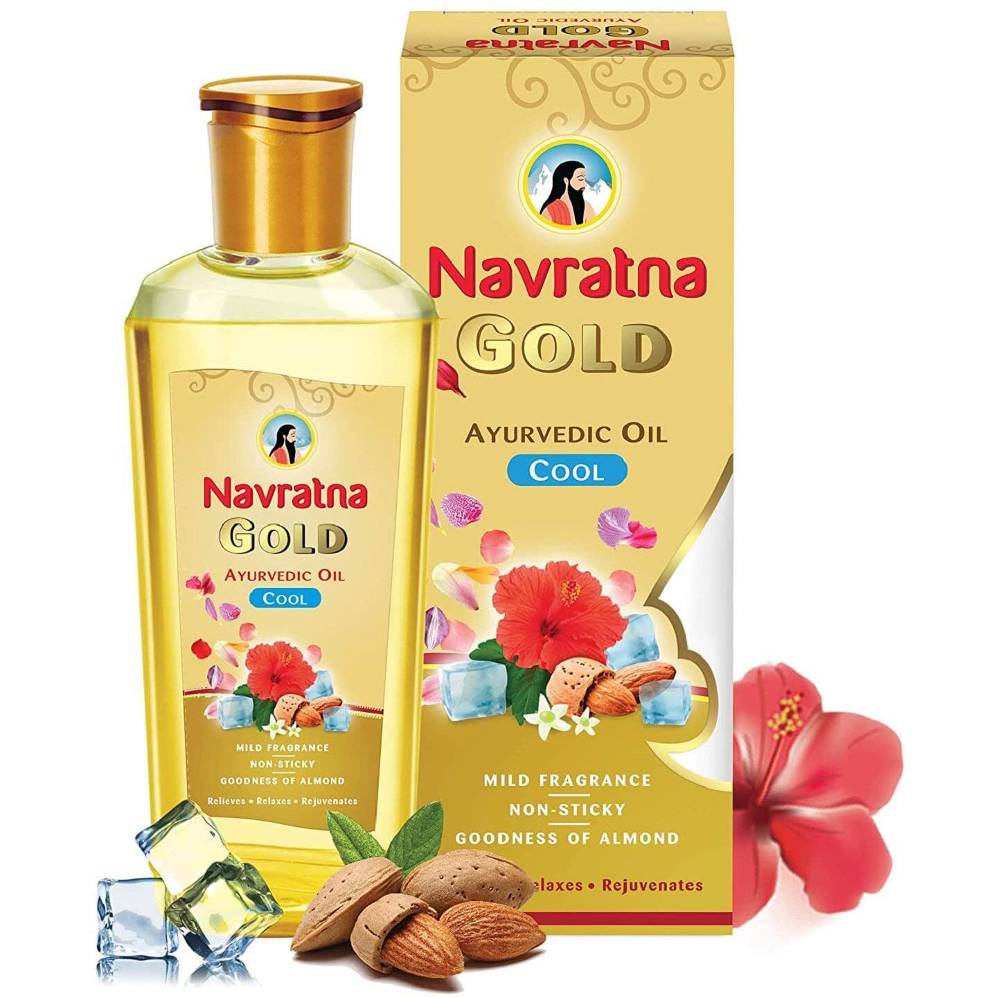 Navratna Gold Ayurvedic Oil |Non Sticky And Non Greasy |Mild Fragrance| Goodness Of Almonds And 9 Ayurvedic Herbs |Relieves Body Aches, Sleeplessness, Headache And Fatigue, 200Ml
