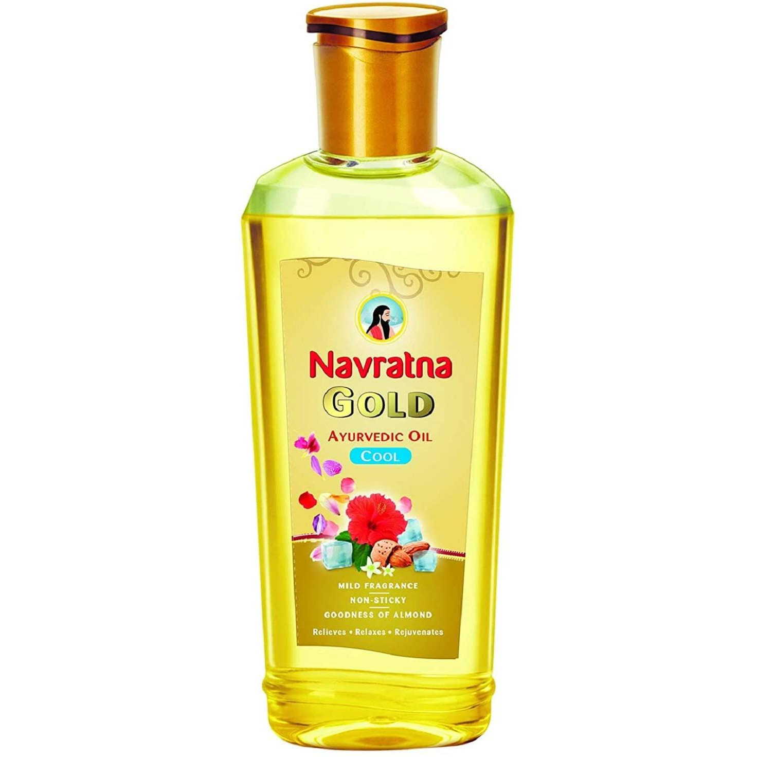 Navratna Gold Ayurvedic Oil |Non Sticky And Non Greasy |Mild Fragrance| Goodness Of Almonds And 9 Ayurvedic Herbs |Relieves Body Aches, Sleeplessness, Headache And Fatigue, 200Ml