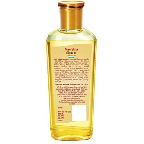 Navratna Gold Ayurvedic Oil |Non Sticky And Non Greasy |Mild Fragrance| Goodness Of Almonds And 9 Ayurvedic Herbs |Relieves Body Aches, Sleeplessness, Headache And Fatigue, 200Ml