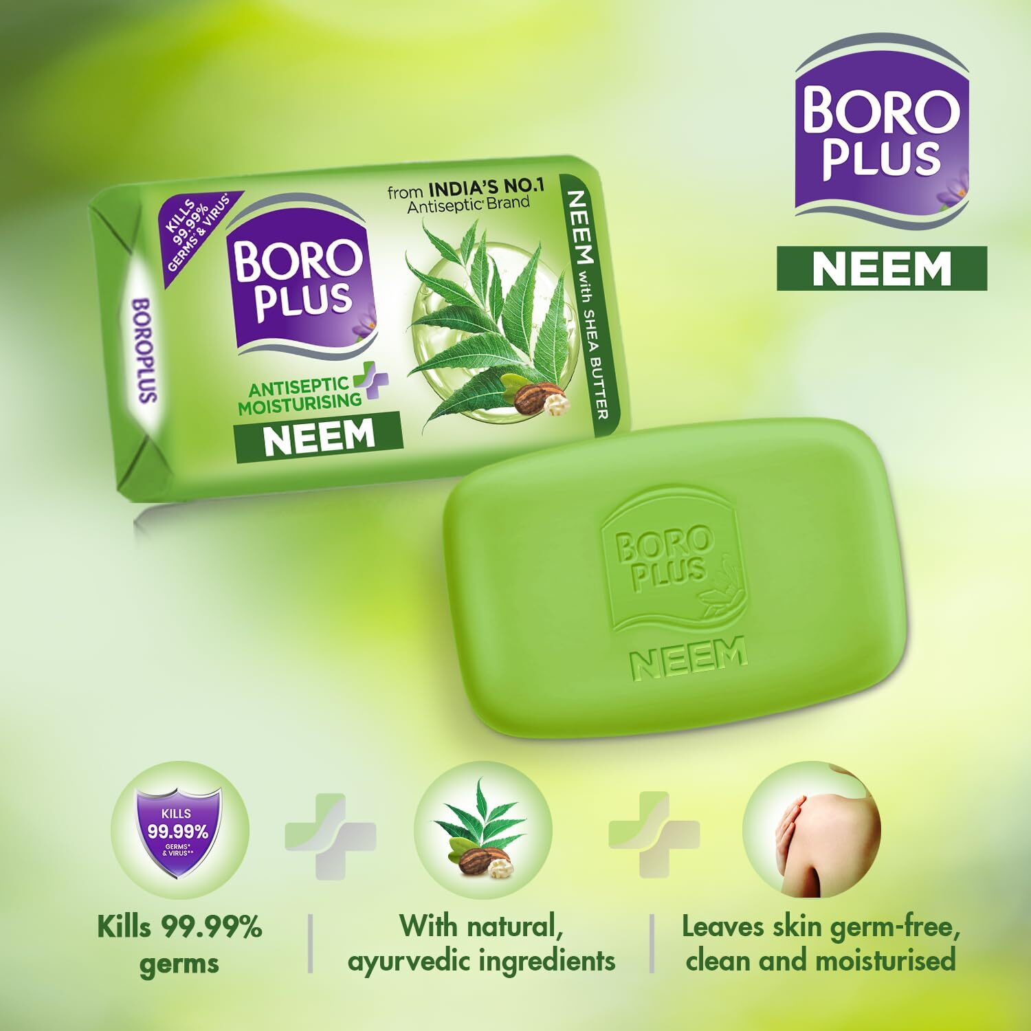 Boroplus Antiseptic And Moisturising Bathing Neem Soap With Neem, Tea Tree, Aloe Vera & Shea Butter | 99.9% Germ And Virus Protection | For Smooth, Soft, Moisturised & Nourished Skin, 125G (Pack Of 4)