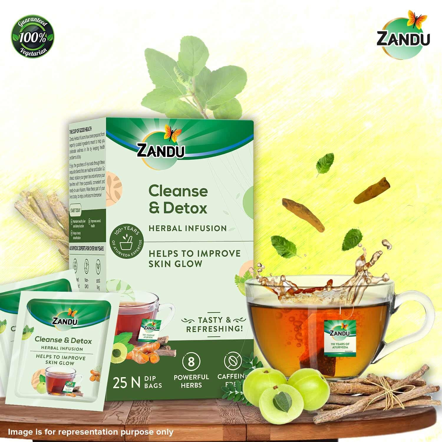 Zandu Cleanse & Detox Herbal Infusion Use This Tea Bag To Give Your Body The Gift Of Good Health |Helps Improve Skin Glow & Detoxifies The Body (25 Tea Bags), Green Tea, 90 Gram