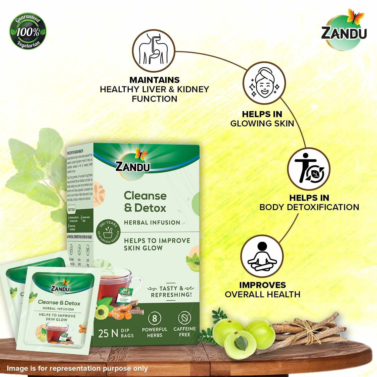 Zandu Cleanse & Detox Herbal Infusion Use This Tea Bag To Give Your Body The Gift Of Good Health |Helps Improve Skin Glow & Detoxifies The Body (25 Tea Bags), Green Tea, 90 Gram