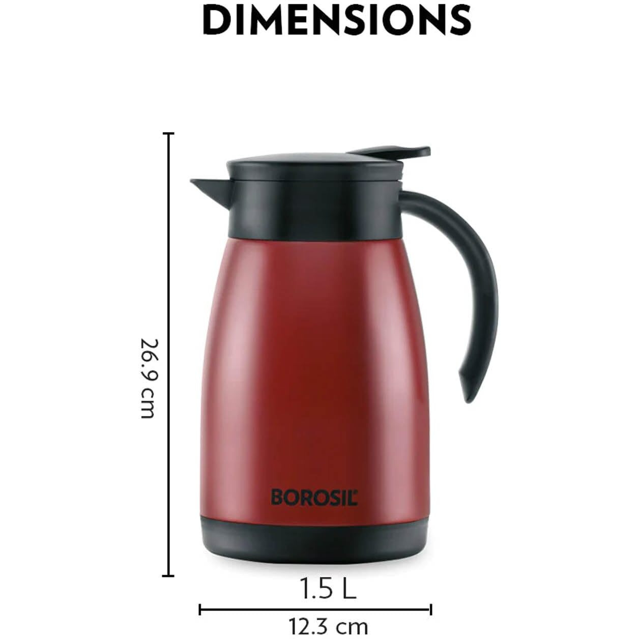 Borosil Stainless Steel 1500Ml Teapot With Handle | Double Wall Vacuum Insulated Thermosteel Carafe | Bpa Free Jug For Tea/Coffee & Juice | 18 Hours Hot & 24 Hours Cold | 1 Year Warranty, Red