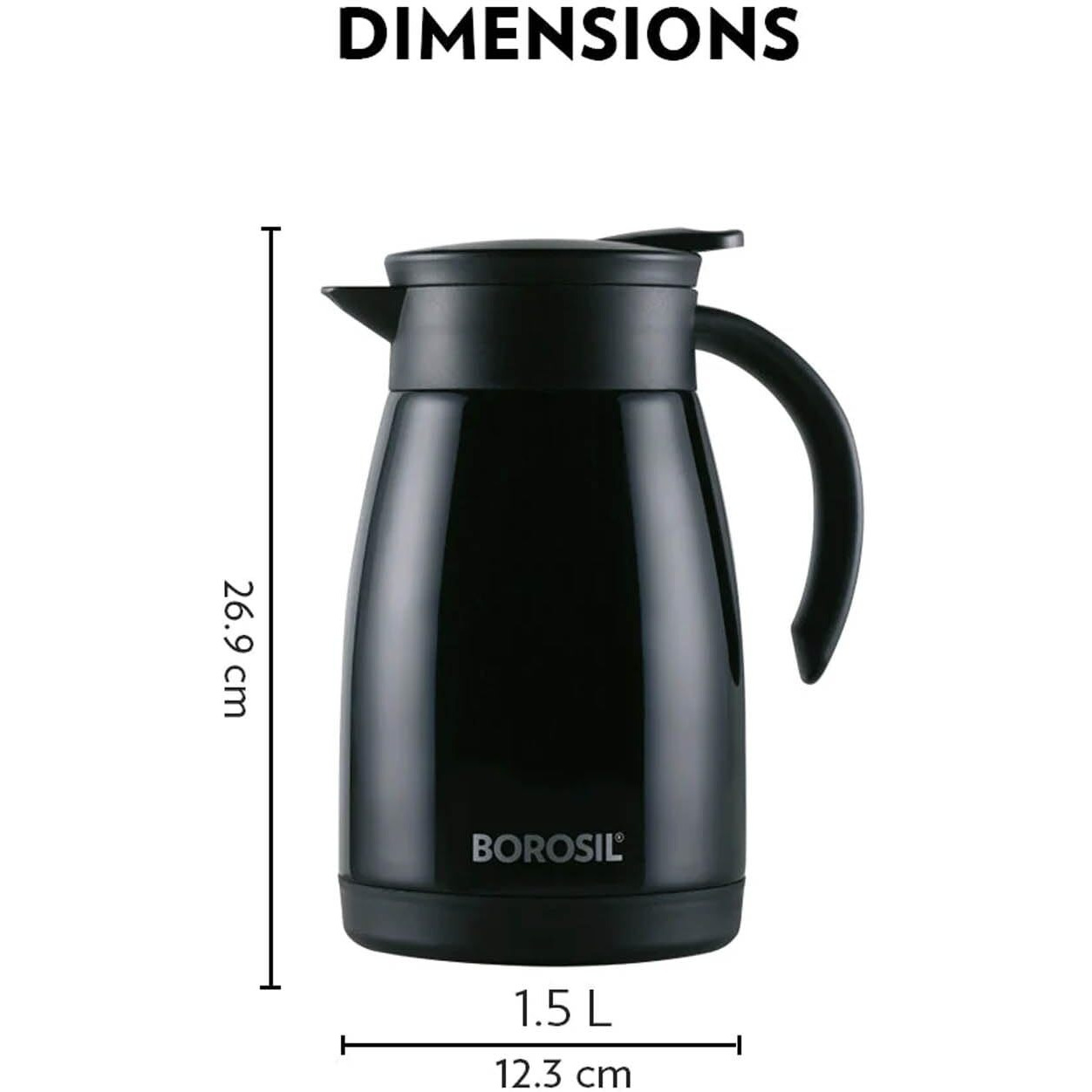 Borosil Stainless Steel 1500Ml Teapot With Handle | Double Wall Vacuum Insulated Thermosteel Carafe | Bpa Free Jug For Tea/Coffee & Juice | 18 Hours Hot & 24 Hours Cold | 1 Year Warranty, Black