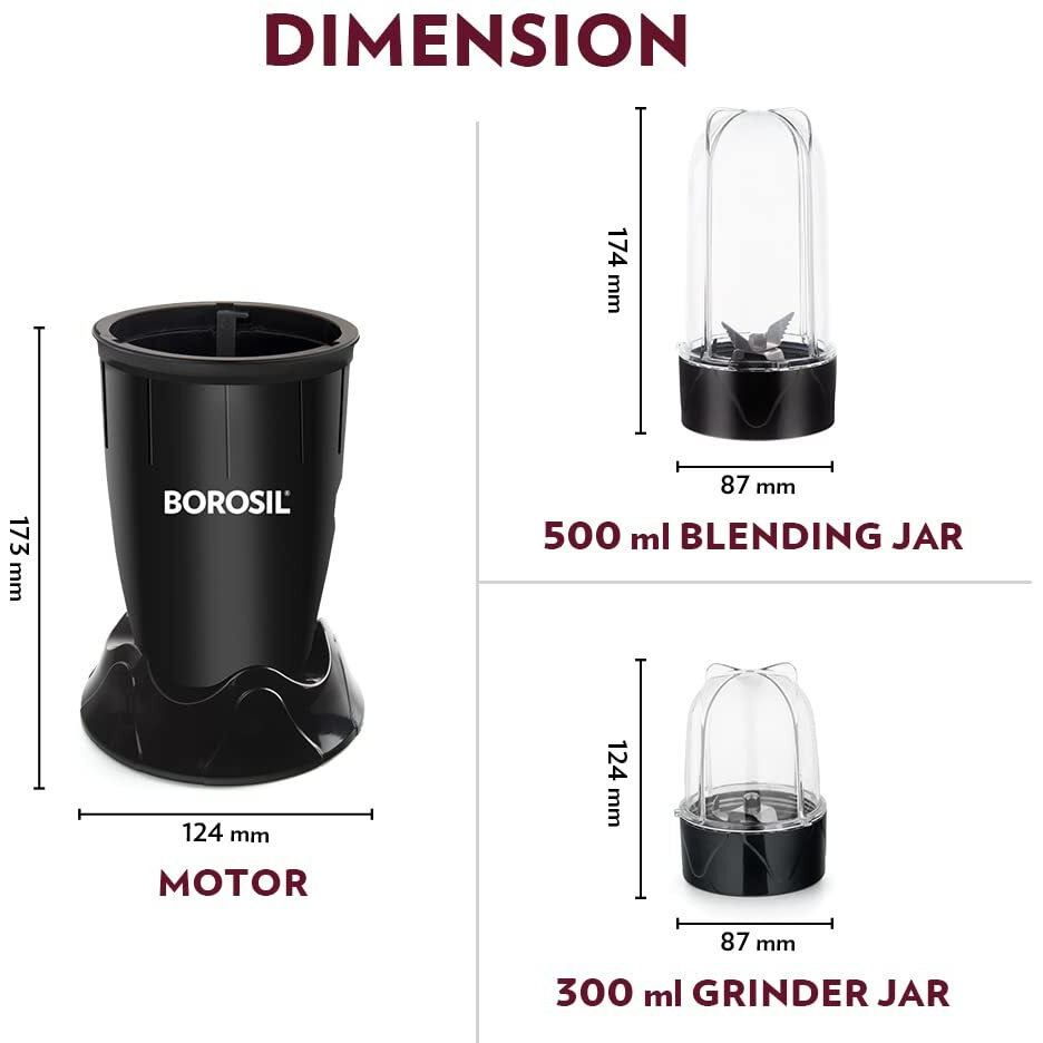 Borosil Nutrifresh Pb31 Portable Mini-Blender & Grinder, 500 Ml Blending Jar, 300 Ml Chutney Jar, For Blending Smoothies & Chutneys, Dry Grinding Spices, Black, 400 W