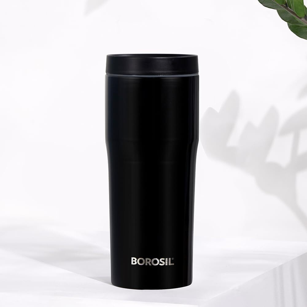 Borosil Hydra Hike 500Ml Stainless Steel Flask Tumbler | Double Wall Vacuum Insulated | 9 Hrs Hot & 13 Hrs Cold | Leakproof & Wide Mouth | Fits In Car Holders, For Home, Office, Sports, Black