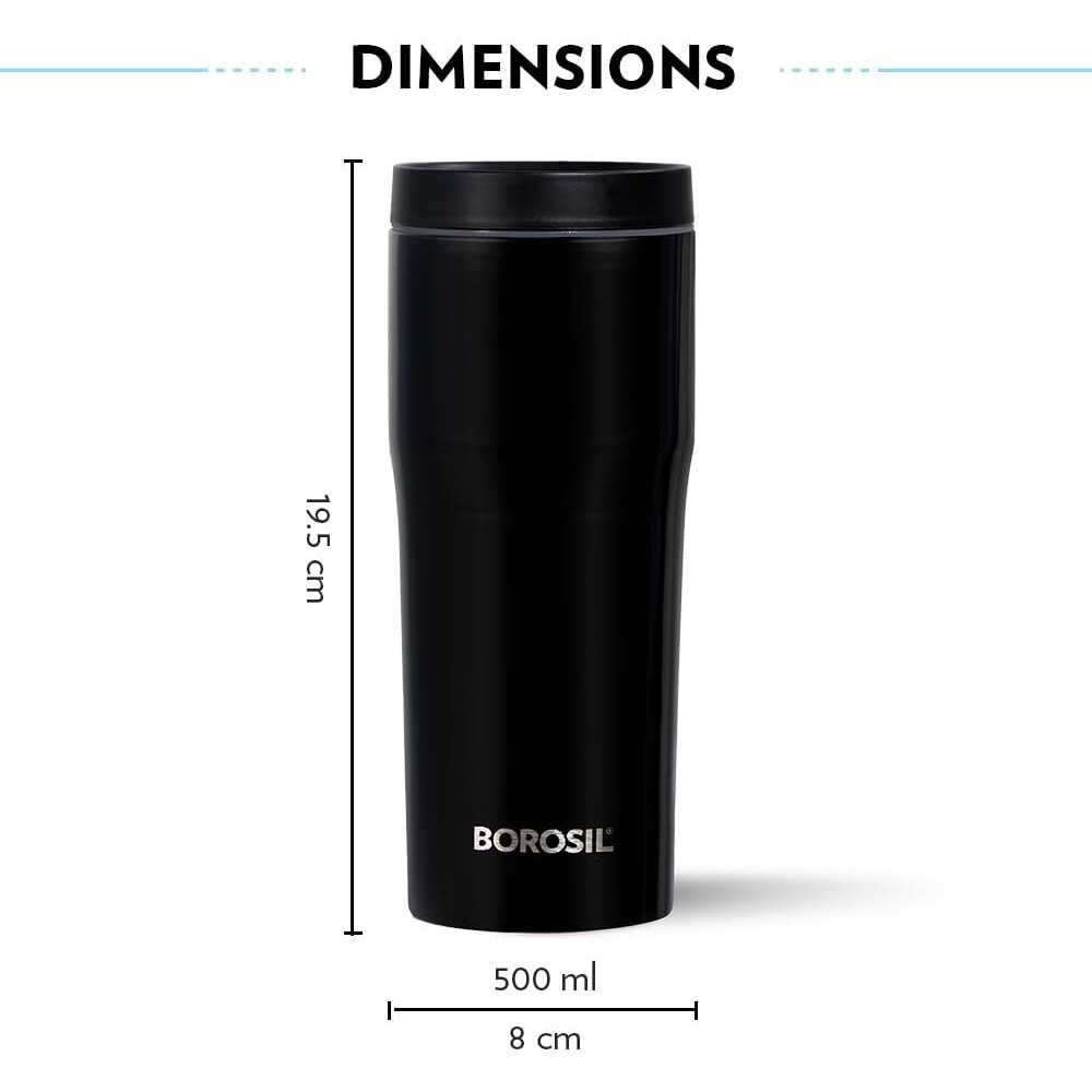 Borosil Hydra Hike 500Ml Stainless Steel Flask Tumbler | Double Wall Vacuum Insulated | 9 Hrs Hot & 13 Hrs Cold | Leakproof & Wide Mouth | Fits In Car Holders, For Home, Office, Sports, Black