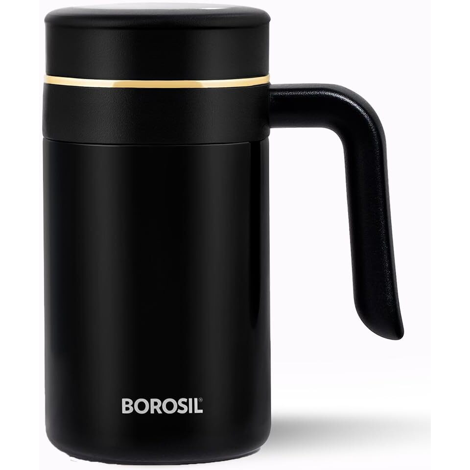 Borosil Hydra Klassic Super Insulated Mug, Vacuum Insulated Travel Coffee/Tea Mug, 8 Hrs Hot And 13 Hrs Cold, Easy To Carry, Leak Proof, 540 Ml, Black, Stainless Steel