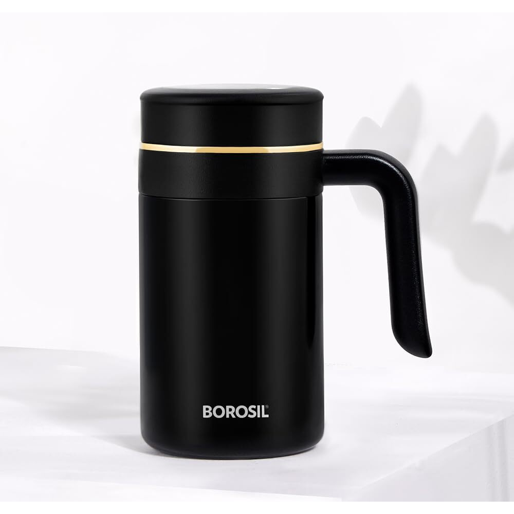 Borosil Hydra Klassic Super Insulated Mug, Vacuum Insulated Travel Coffee/Tea Mug, 8 Hrs Hot And 13 Hrs Cold, Easy To Carry, Leak Proof, 540 Ml, Black, Stainless Steel