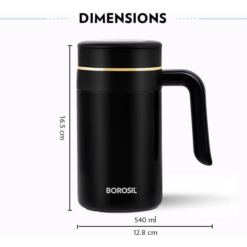 Borosil Hydra Klassic Super Insulated Mug, Vacuum Insulated Travel Coffee/Tea Mug, 8 Hrs Hot And 13 Hrs Cold, Easy To Carry, Leak Proof, 540 Ml, Black, Stainless Steel