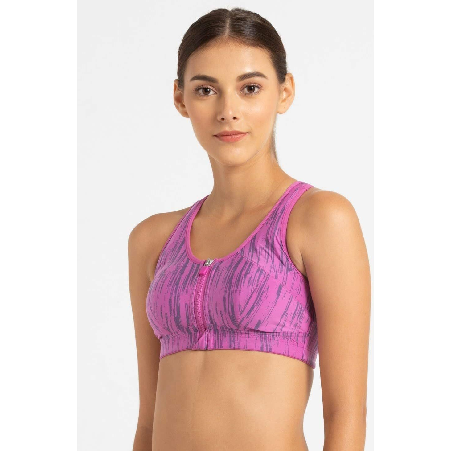 Jockey Women's Synthetic Lightly Padded Wire Free Sports Bra (Medium Impact Bra_Lavender Scent Aop_M_Lavender Scent_M)