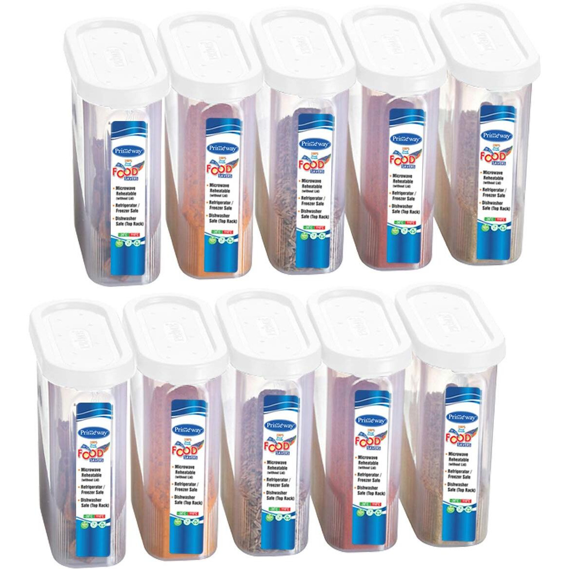 Primeway Pp Air Tight Food Savers | Spices Containers | Masala Boxes | Kitchen Canisters For Fridge | 275Ml Each | Pack Of 10 Pcs | White - Plastic