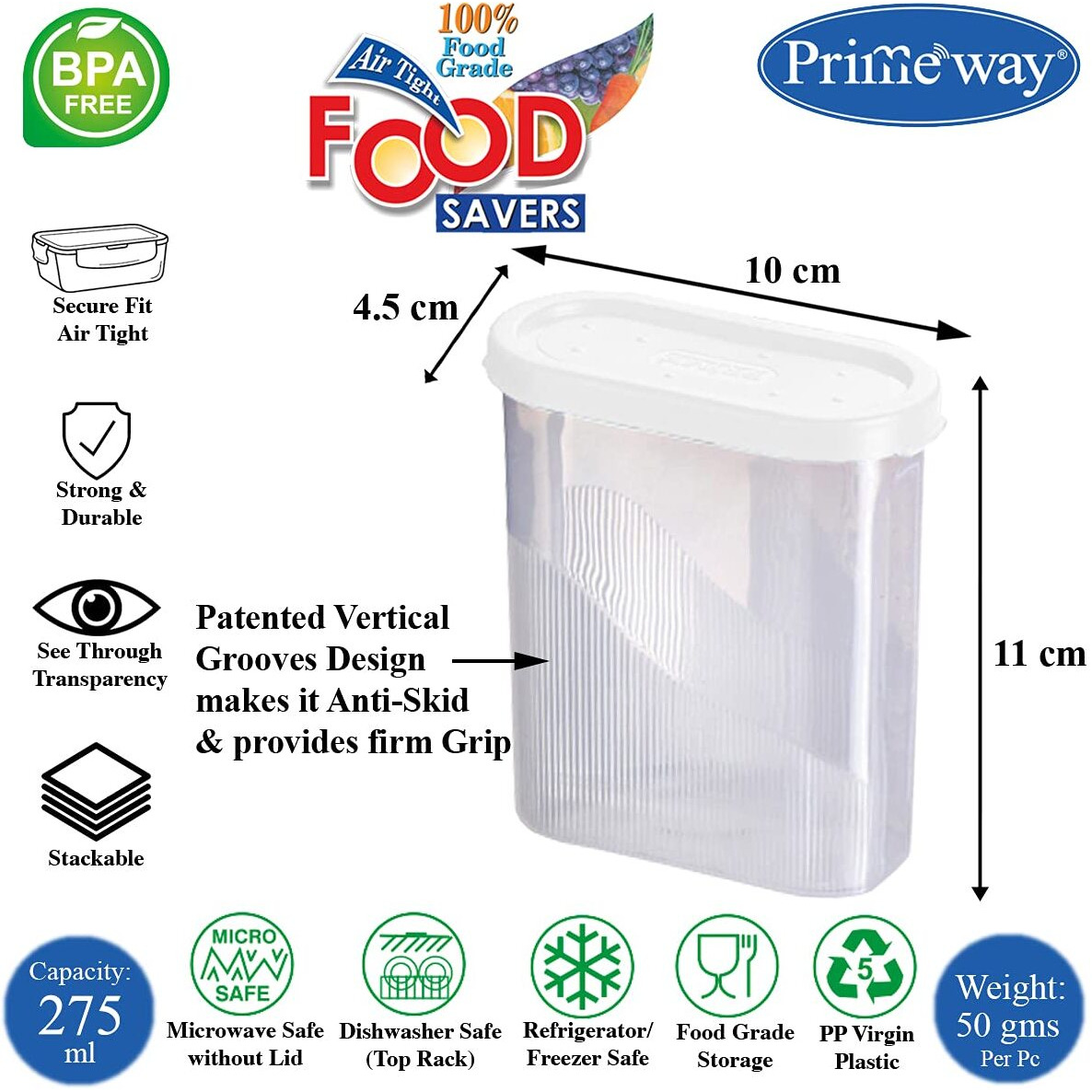 Primeway Pp Air Tight Food Savers | Spices Containers | Masala Boxes | Kitchen Canisters For Fridge | 275Ml Each | Pack Of 10 Pcs | White - Plastic