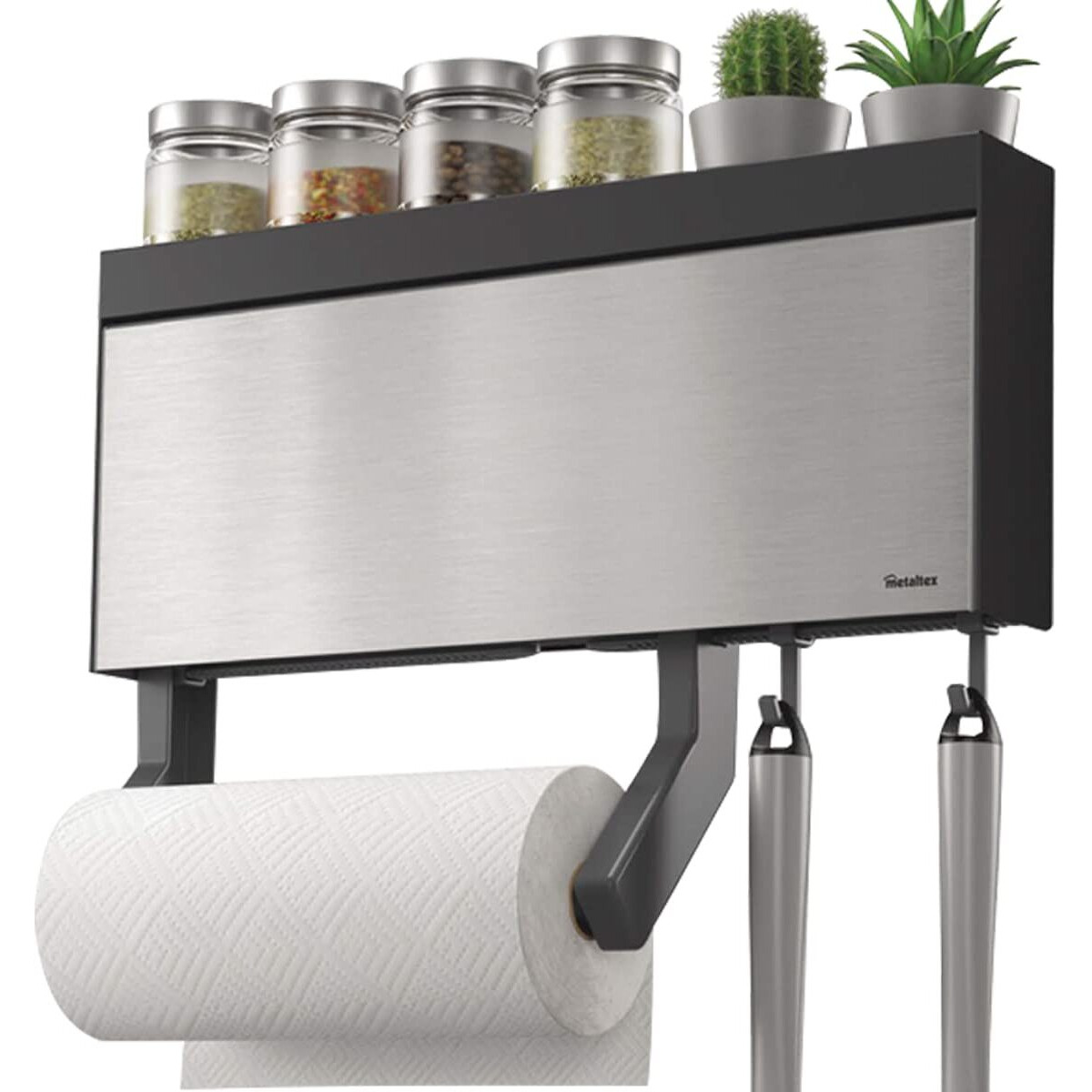Primeway Stainless Steel 4 In 1 Tango Inox Wall-Mounted Kitchen Rolls Dispenser Holder For Film, Foil, Paper With Multi Utility Spices/Storage Rack & 6 Hooks, Grey