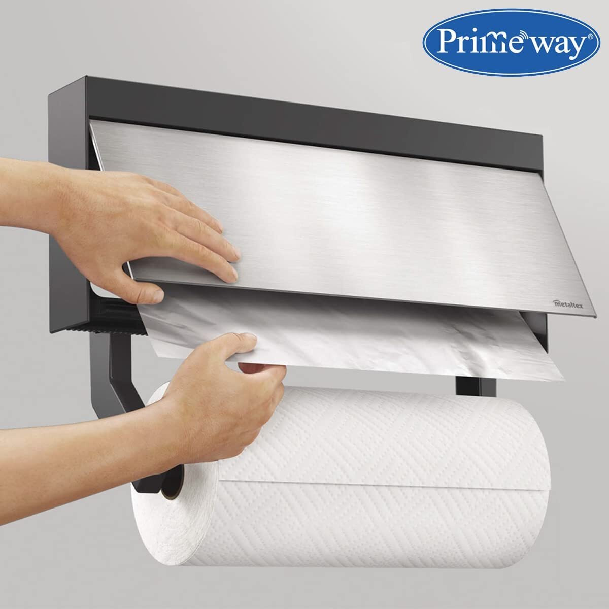 Primeway Stainless Steel 4 In 1 Tango Inox Wall-Mounted Kitchen Rolls Dispenser Holder For Film, Foil, Paper With Multi Utility Spices/Storage Rack & 6 Hooks, Grey
