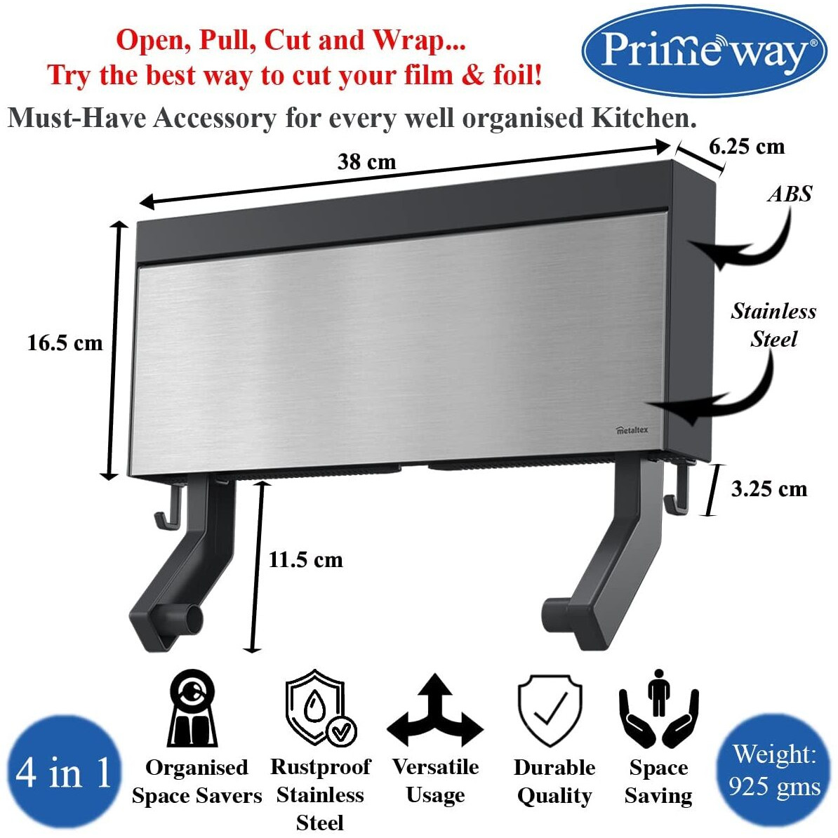 Primeway Stainless Steel 4 In 1 Tango Inox Wall-Mounted Kitchen Rolls Dispenser Holder For Film, Foil, Paper With Multi Utility Spices/Storage Rack & 6 Hooks, Grey