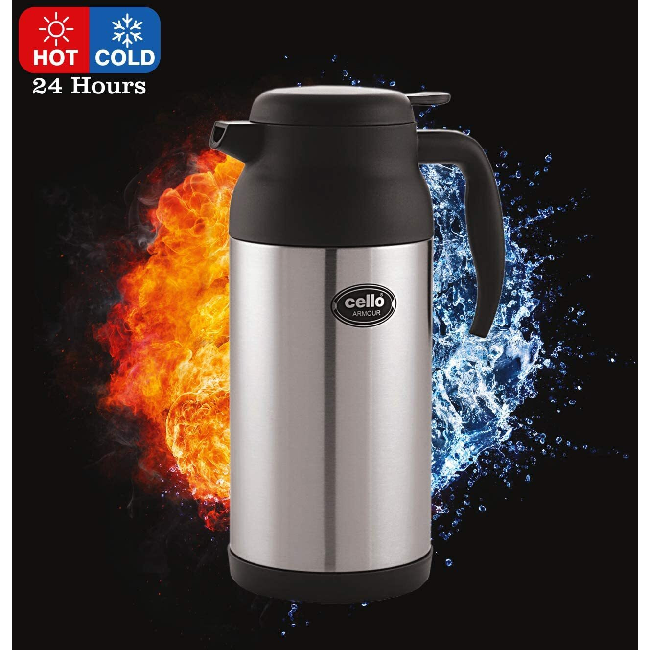 Cello Armour Vacuum Insulated Carafe | Hot And Cold Flask | Vacuum Insulated Tea/Coffee Pot | 1600Ml, Black (Stainless Steel)
