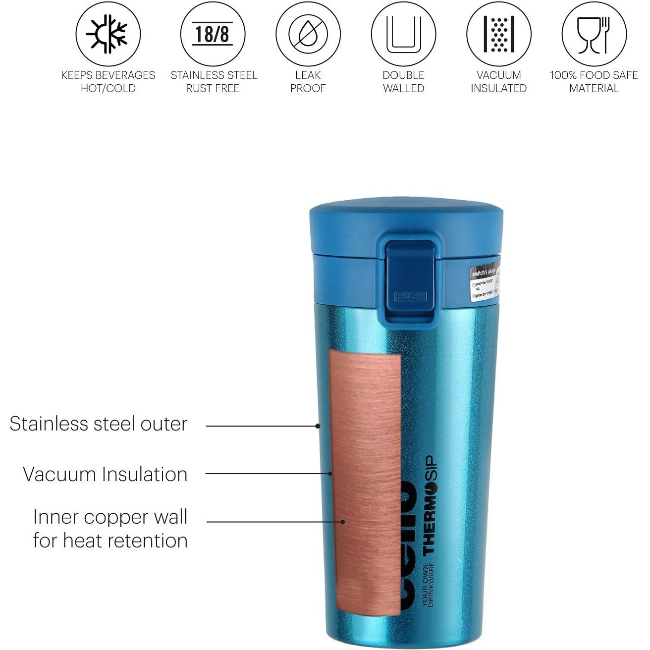 Cello Monty Thermosteel Vacuum Insulated Travel Mug, 300Ml, Blue | Prolonged Hours Hot & Cold | Spill Proof & Easy To Sip | Tea & Juice Mug | Soup Flask | Water Flask | Personal & Corporate Gifting
