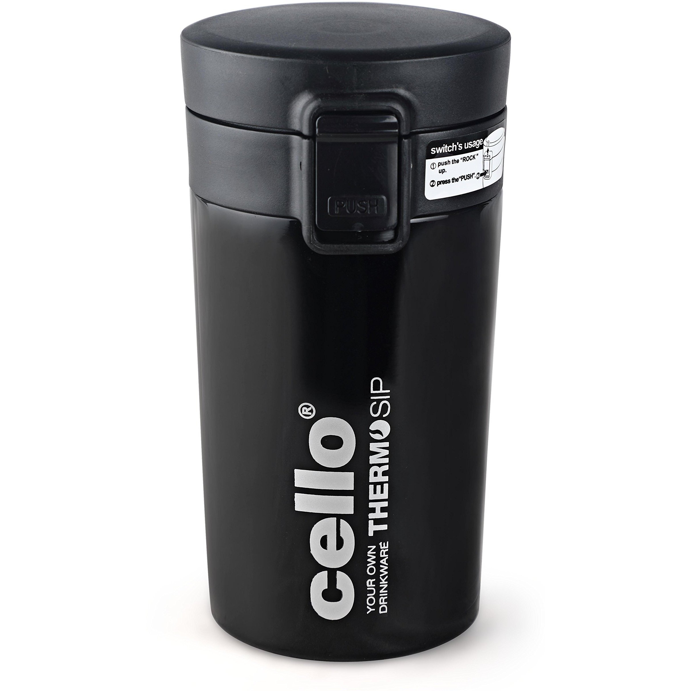 Cello Monty Thermosteel Vacuum Insulated Travel Mug, 300Ml, Black | Prolonged Hours Hot & Cold | Spill Proof & Easy To Sip | Tea & Juice Mug | Soup Flask | Water Flask | Personal & Corporate Gifting