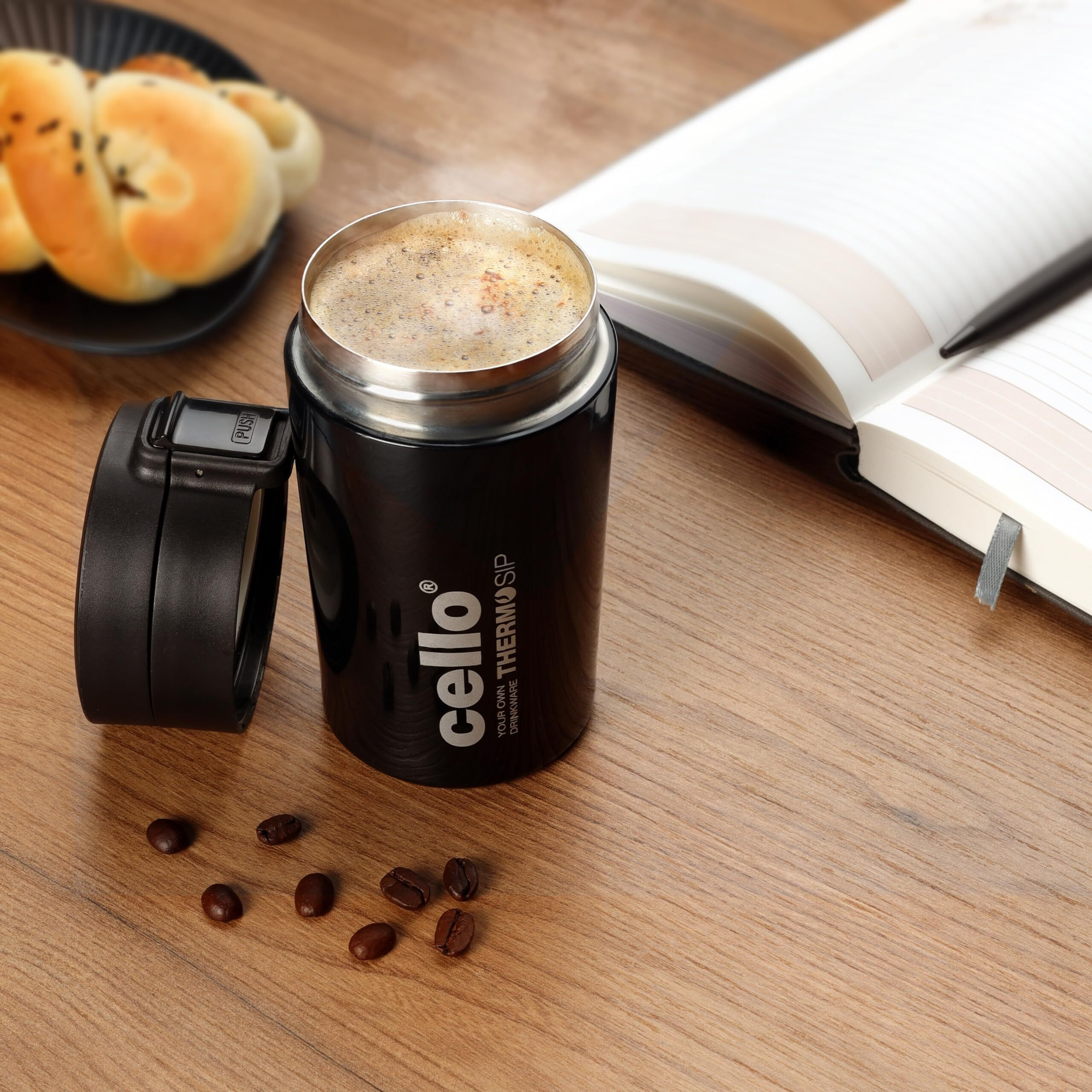Cello Monty Thermosteel Vacuum Insulated Travel Mug, 300Ml, Black | Prolonged Hours Hot & Cold | Spill Proof & Easy To Sip | Tea & Juice Mug | Soup Flask | Water Flask | Personal & Corporate Gifting