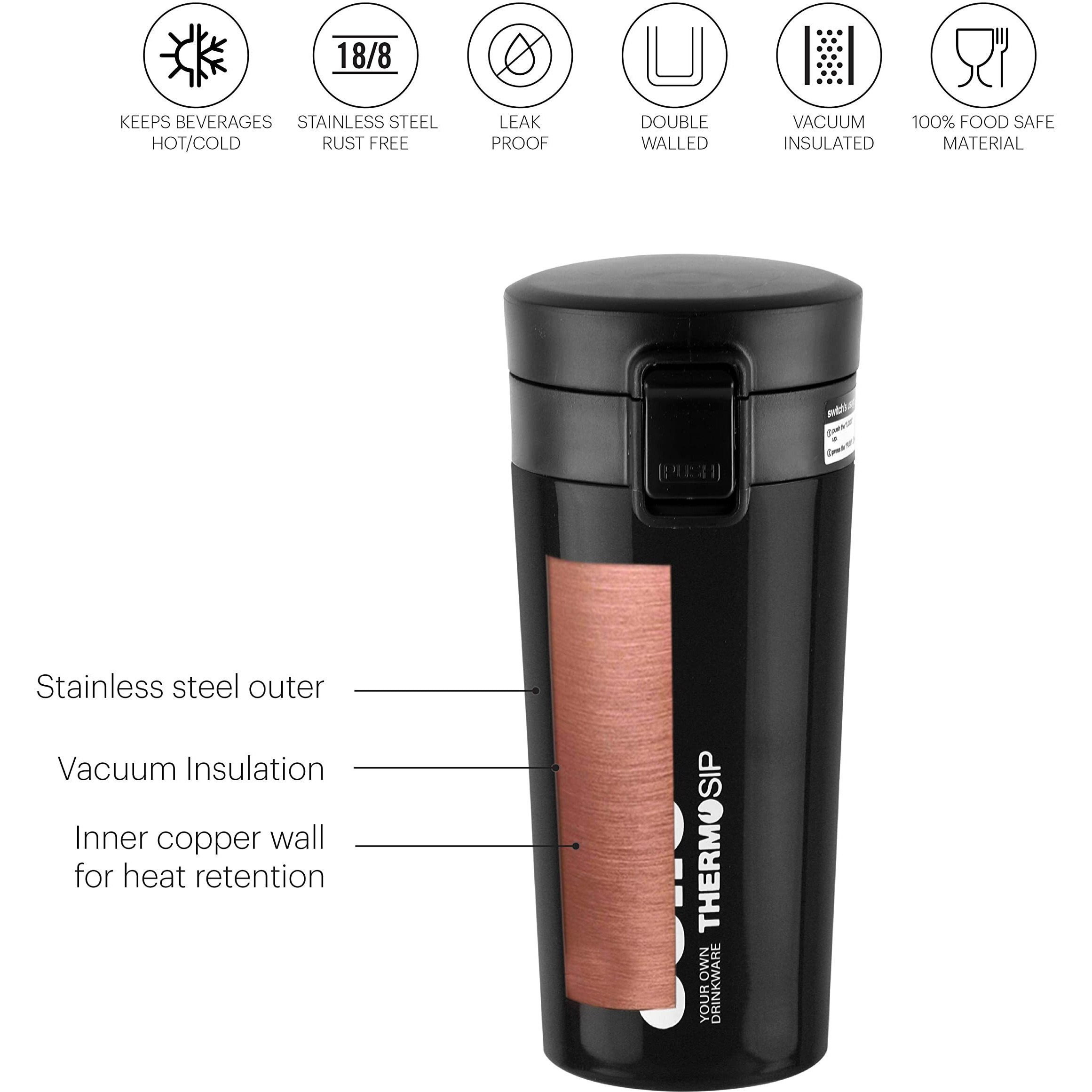 Cello Monty Thermosteel Vacuum Insulated Travel Mug, 300Ml, Black | Prolonged Hours Hot & Cold | Spill Proof & Easy To Sip | Tea & Juice Mug | Soup Flask | Water Flask | Personal & Corporate Gifting